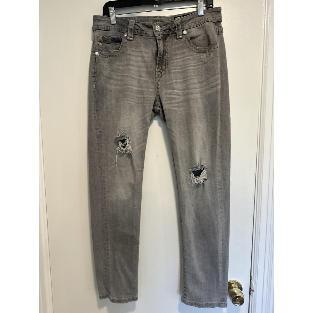 EUC Miss Me Boyfriend Ankle Sz29 Stretch Dusty Gray Wash Distressed Frayed Jeans